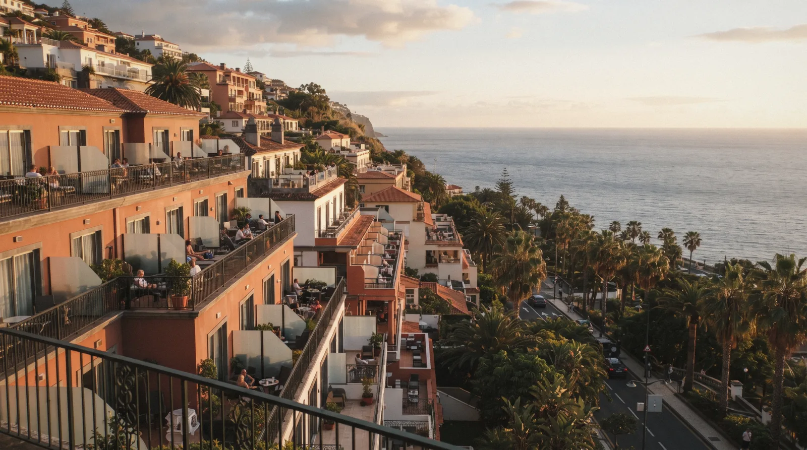 Hillside hotel balconies along Estrada Monumental in Funchal at golden hour, choosing Funchal hotels