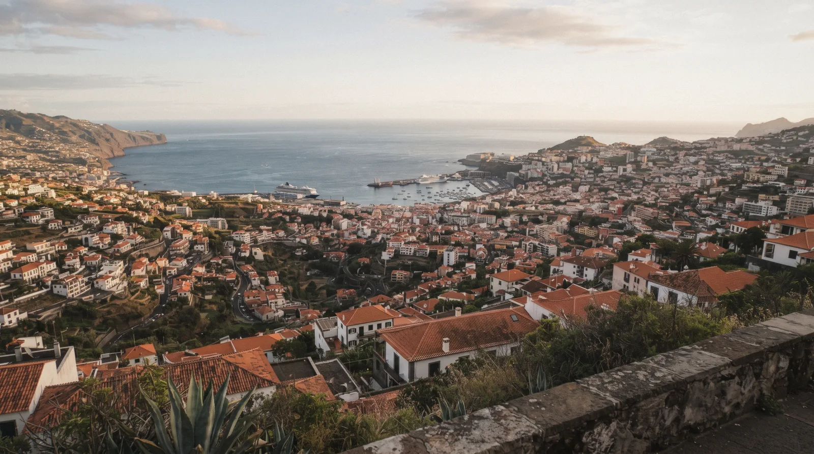 The view over Funchal bay from a city viewpoint above the harbour, Madeira, Portugal
