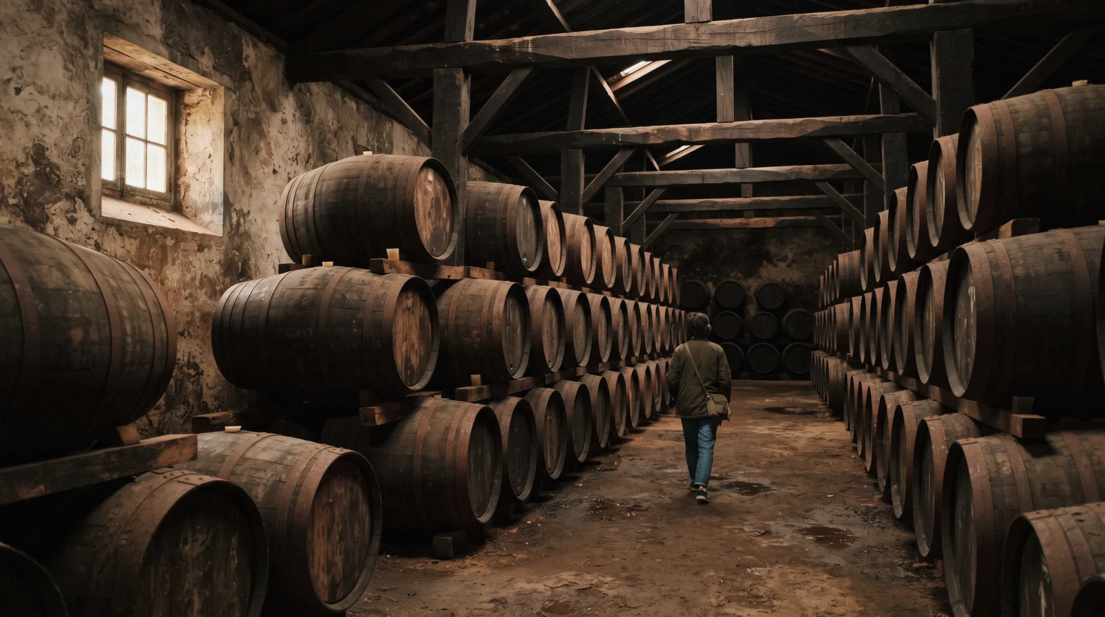 Rows of large wooden Madeira wine barrels inside the historic Blandy's Wine Lodge cellar in Funchal, Portugal