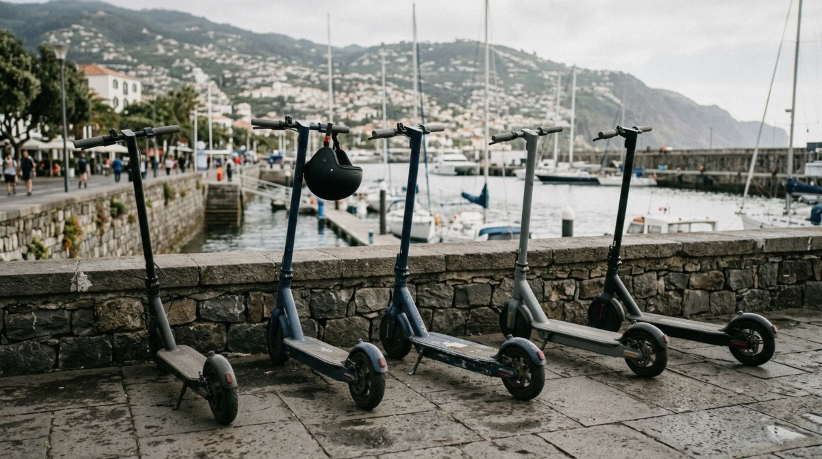 A row of electric scooters parked near the Funchal marina, Madeira