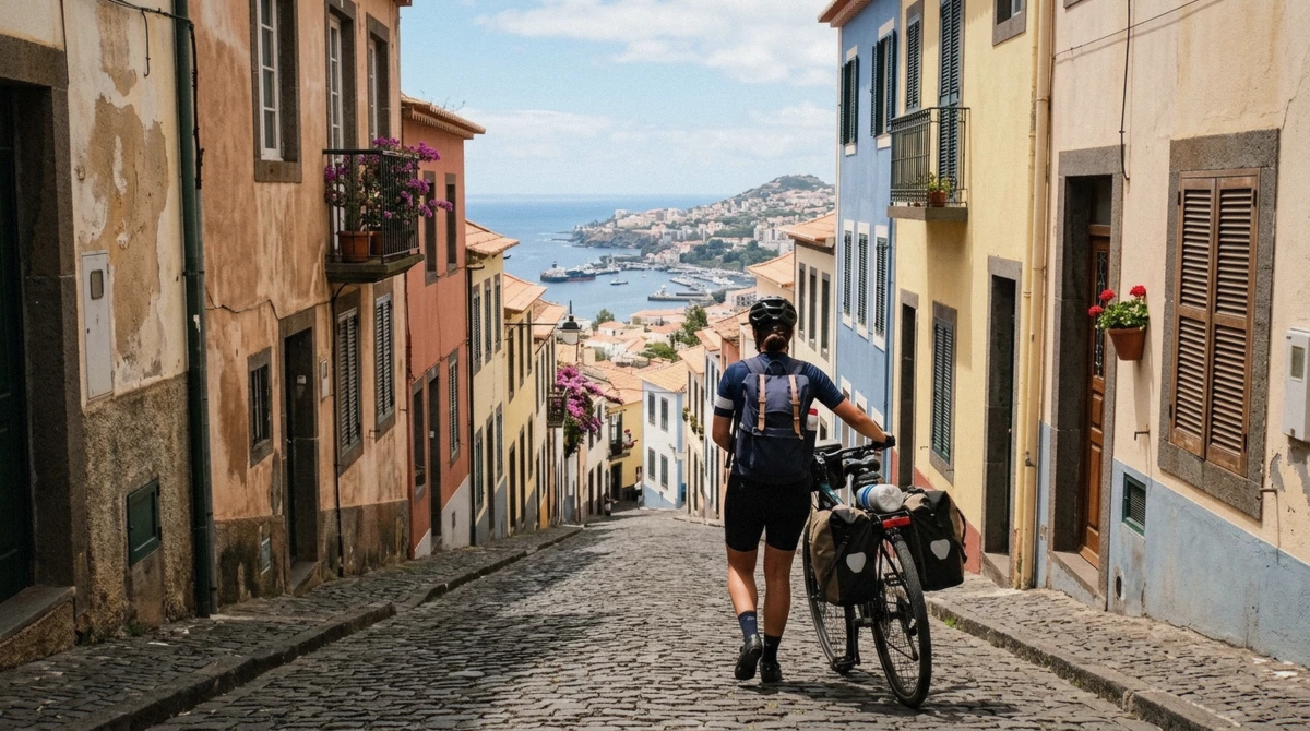 A cyclist pushing a bicycle up a steep hill street in Funchal, Madeira