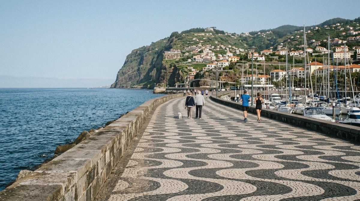 The seafront promenade of Funchal, Portugal early in the morning