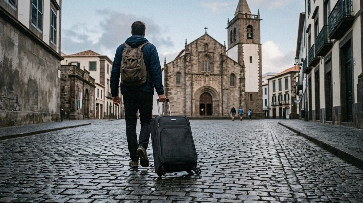A traveller wheeling a suitcase across a cobbled plaza near the Se cathedral in Funchal, Madeira