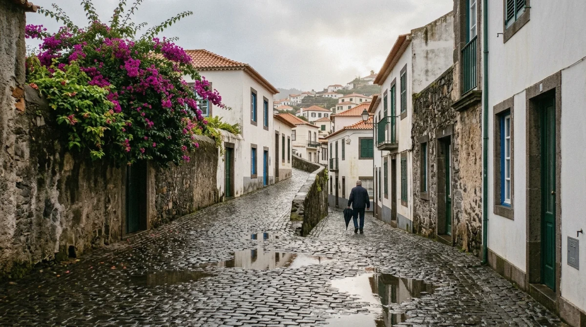 A wet cobbled lane in Funchal, Portugal after an autumn shower