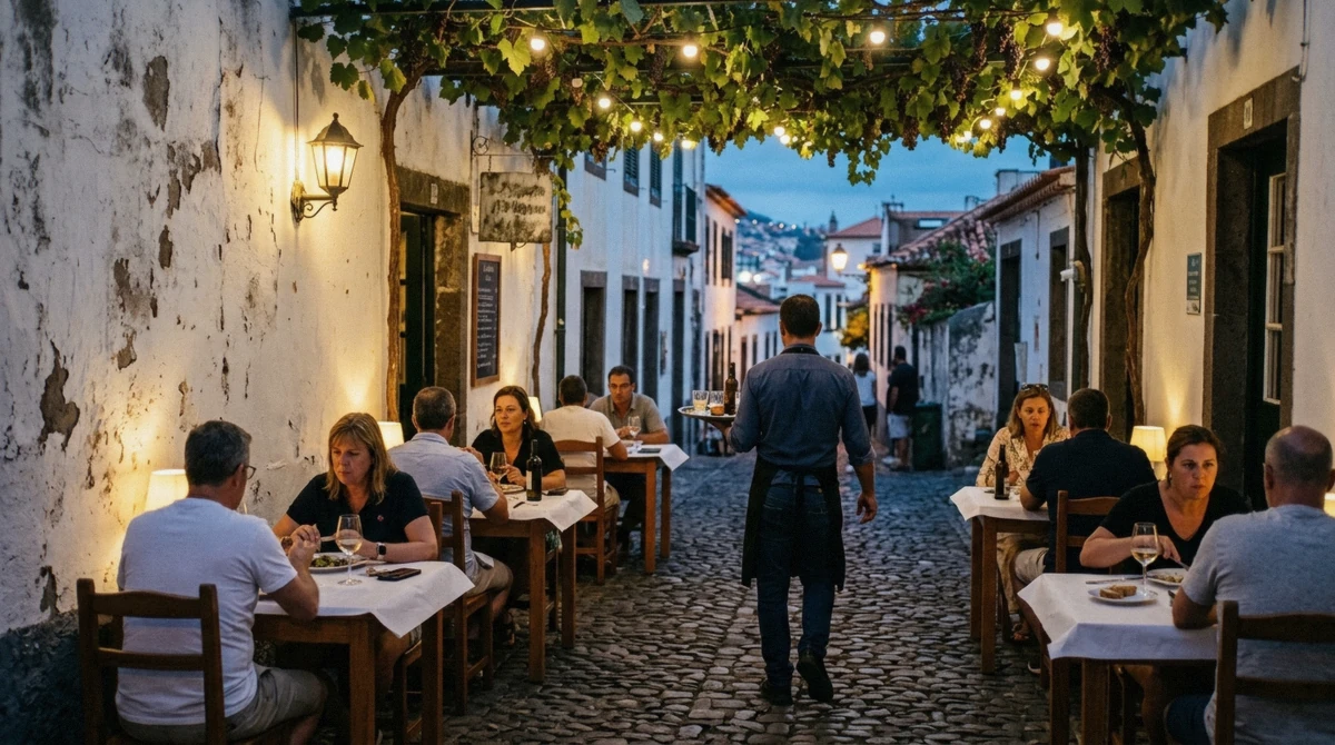 A small restaurant terrace on a side street in Funchal, Portugal, laid for the evening