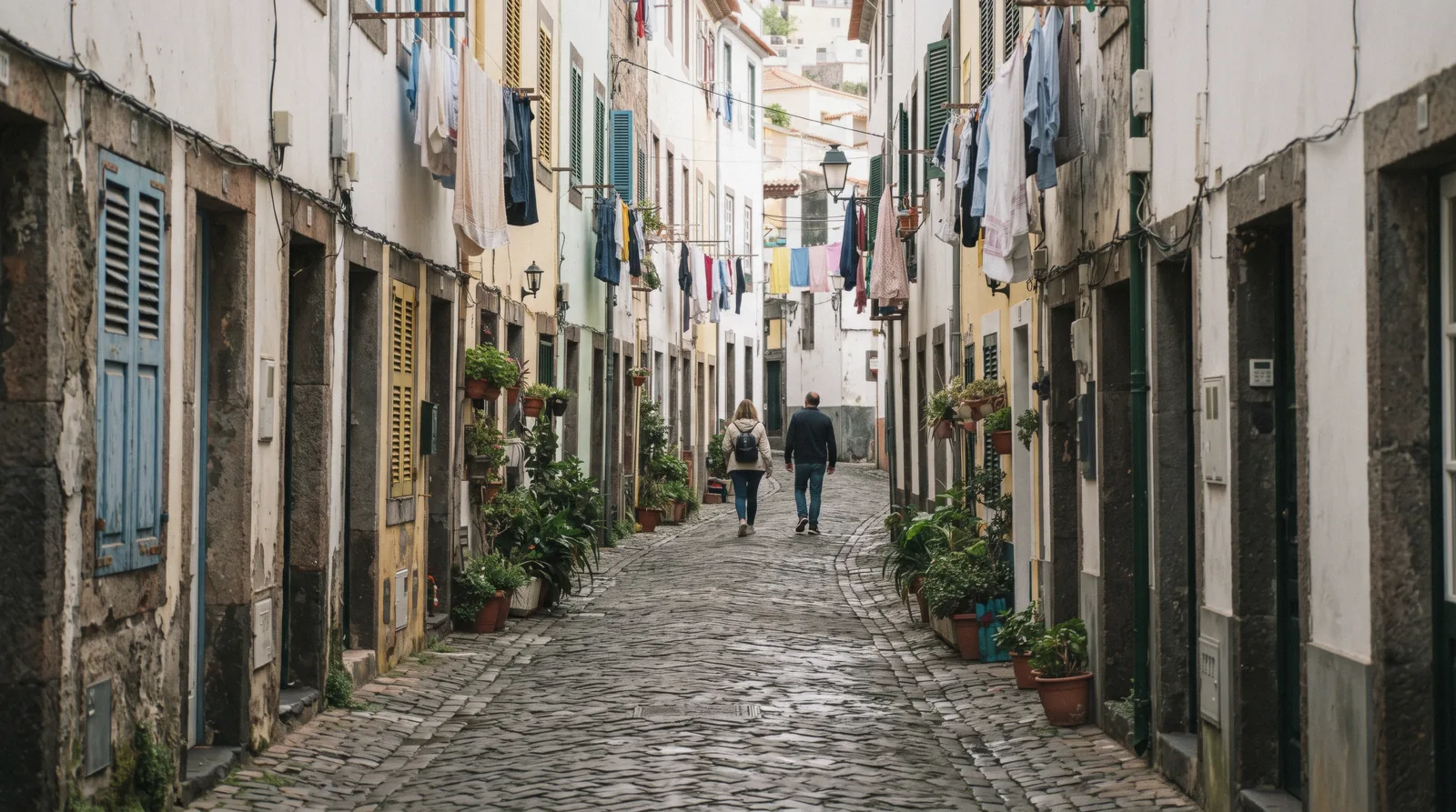 A narrow guesthouse street in Funchal's Zona Velha old town in the morning, cheap hotels in Funchal