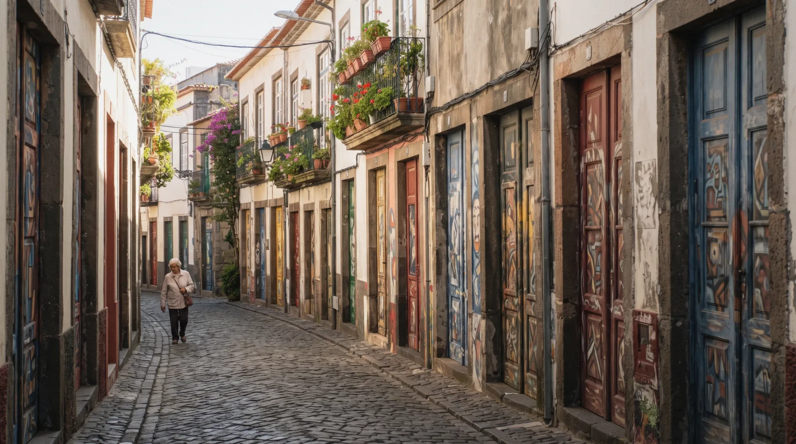 Sunlight on the painted doors of Rua de Santa Maria in the Funchal old town, one of the free things to do in Funchal