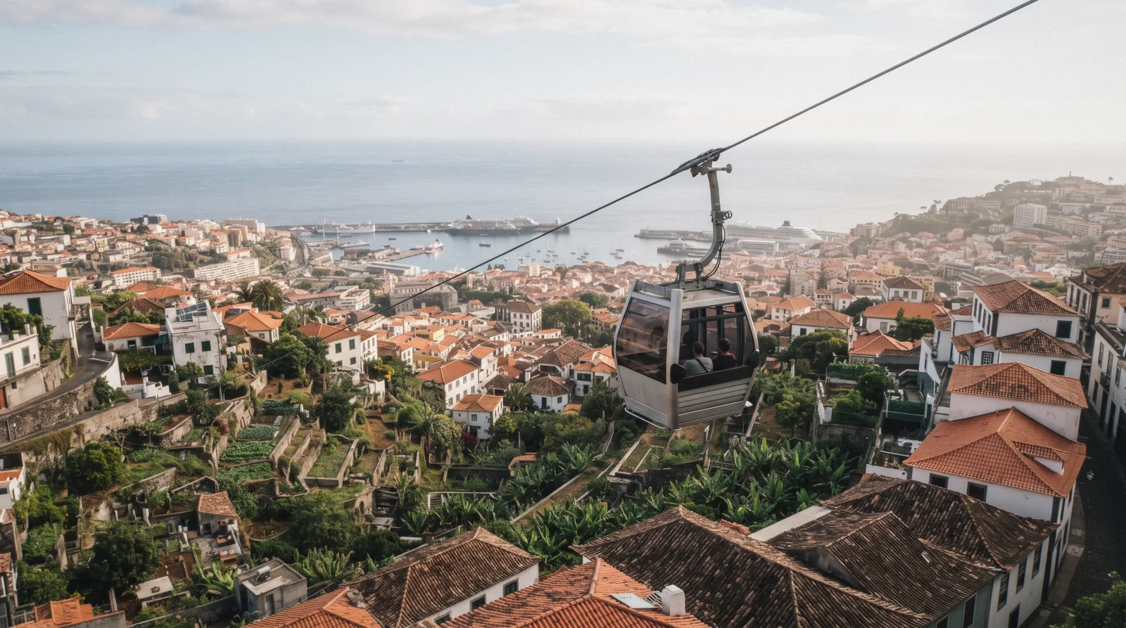 A Funchal cable car cabin climbing above the red roofs of Funchal on its way up to Monte