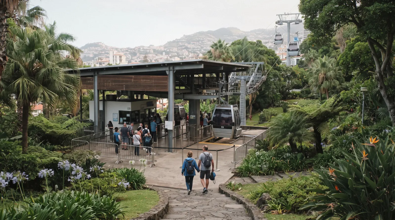 Funchal cable car tickets page hero showing a cabin climbing towards Monte above Funchal, Madeira
