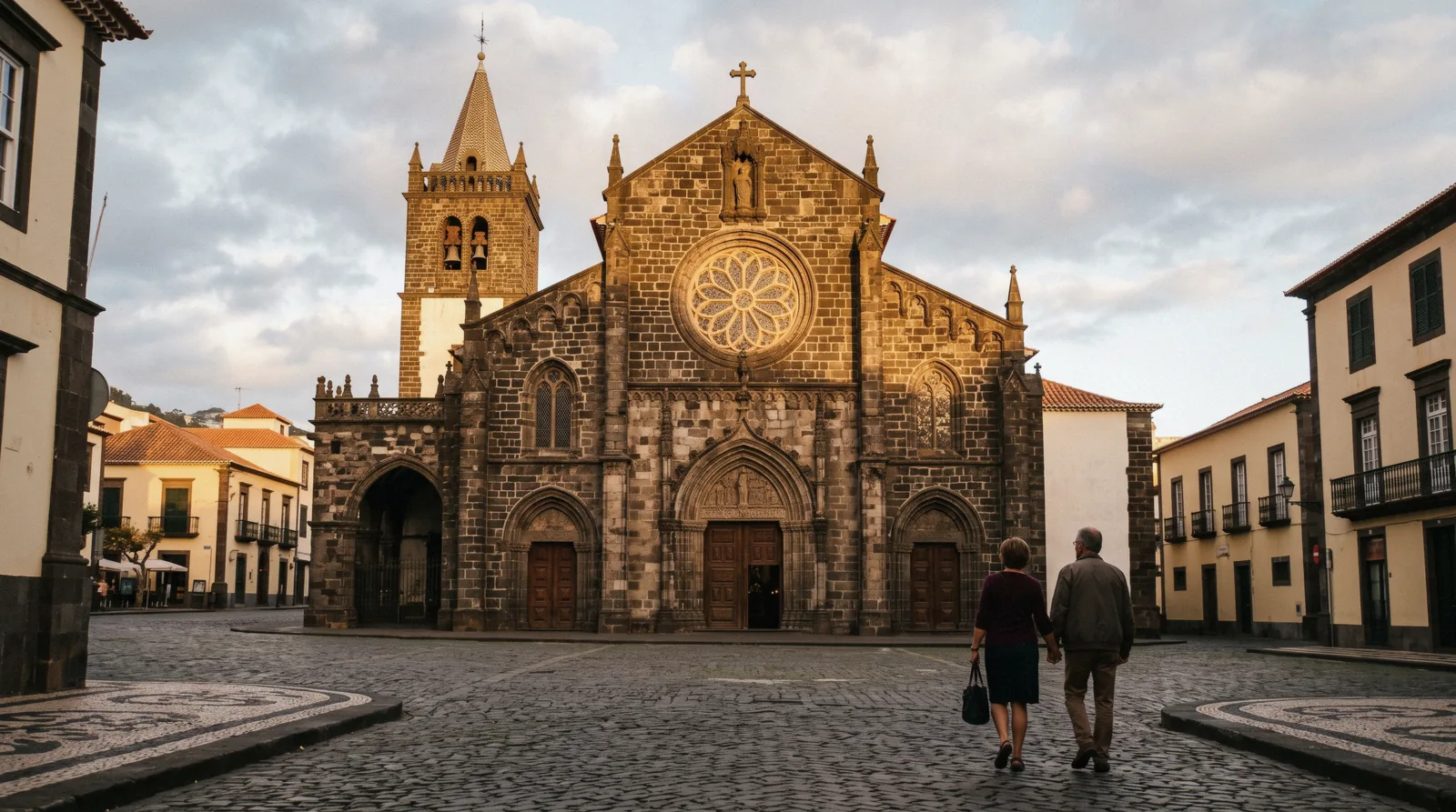 The Gothic facade and rose window of Funchal Cathedral, the Se do Funchal, in Funchal, Madeira, Portugal