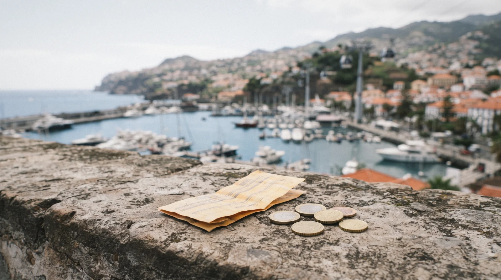 A city bus ticket and coins on a cafe table above the Funchal harbour, the everyday costs behind a Funchal trip