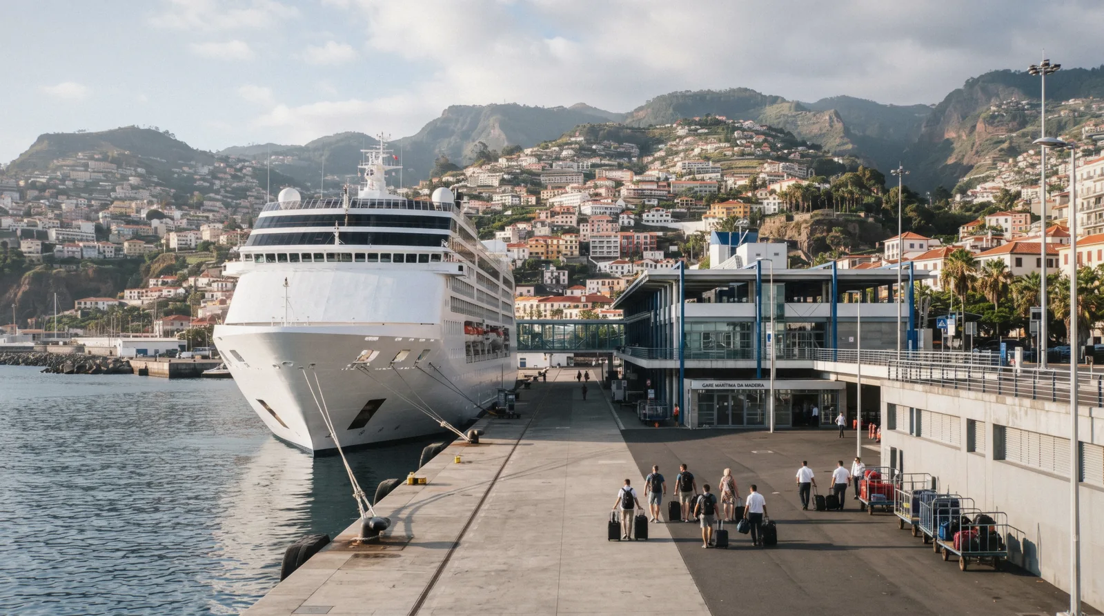 A cruise ship berthed at the Funchal Cruise Port terminal with the hills of Funchal behind it