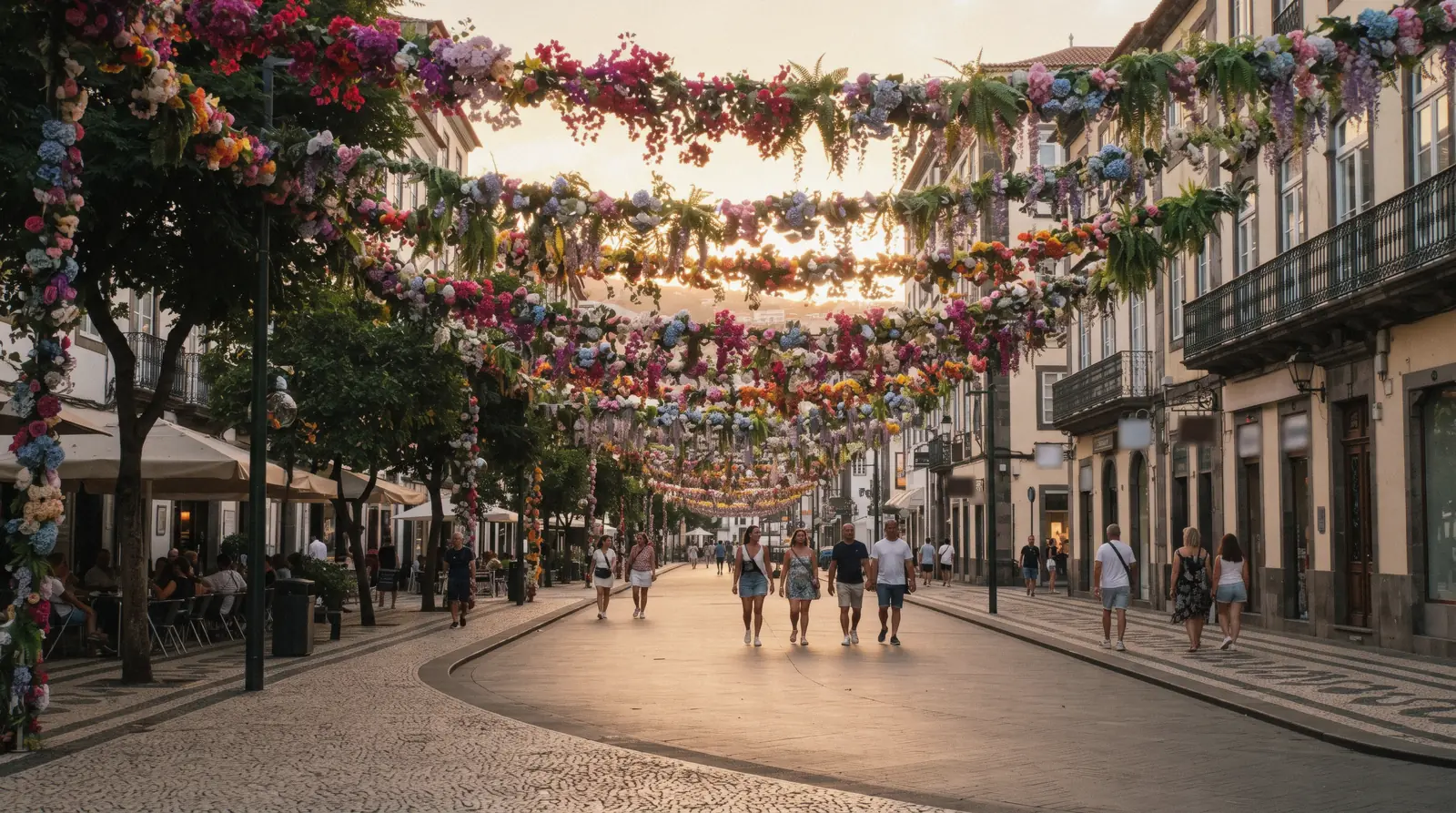 Flower petals and parade decorations along a Funchal avenue during a Funchal events festival season