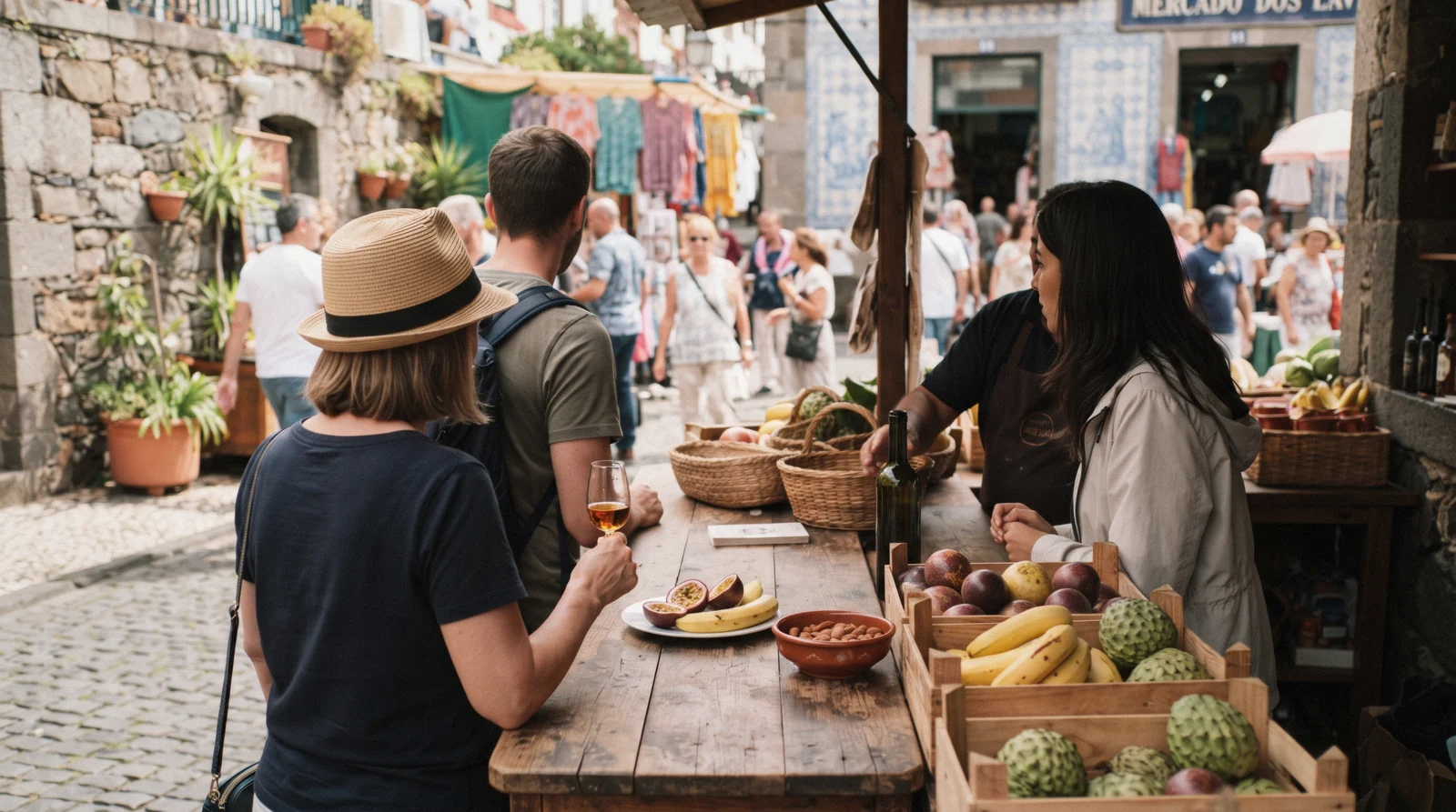 Tasting local produce and Madeira wine on a food tour near Mercado dos Lavradores, Funchal