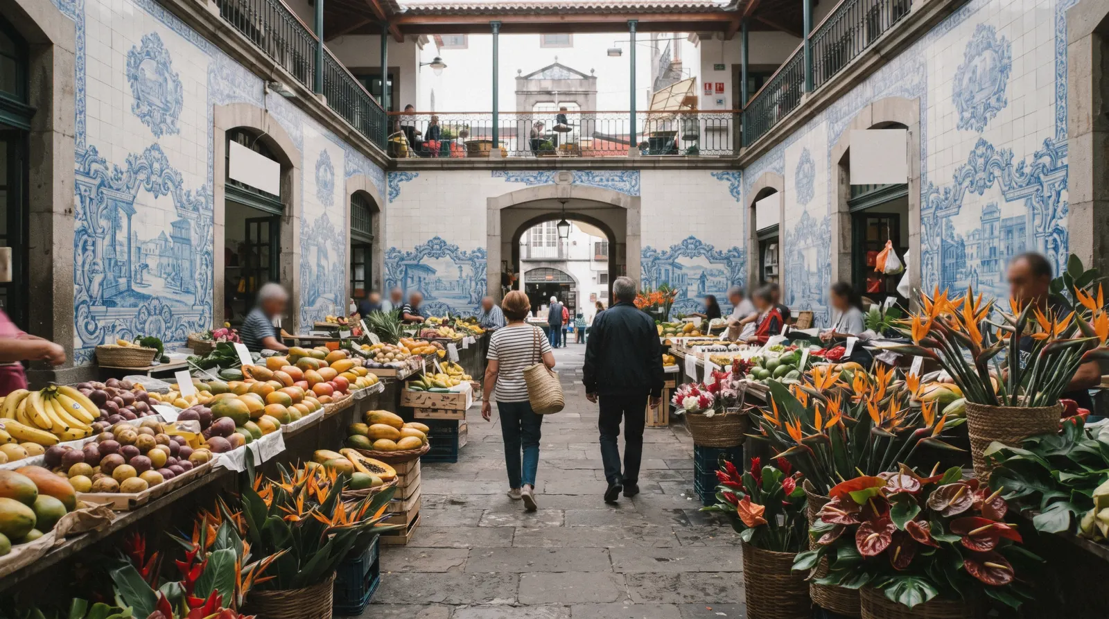Fruit and flower stalls in the tiled courtyard of the Mercado dos Lavradores, the first stop of one day in Funchal, Portugal