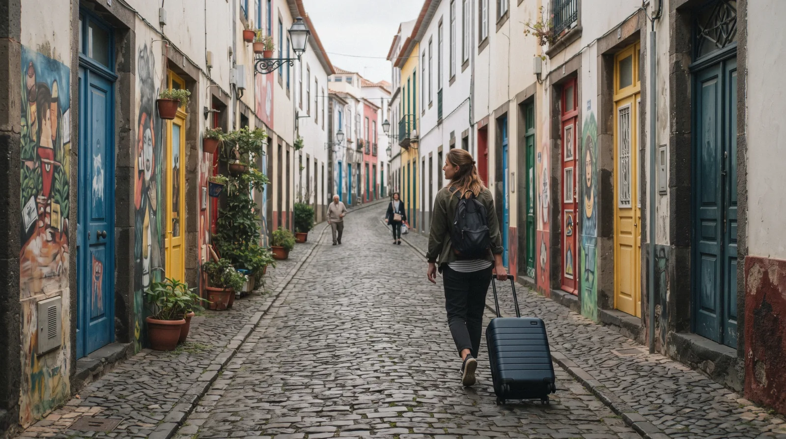 A traveller wheeling a suitcase along the cobbled Rua de Santa Maria in the Funchal old town, the first stop when looking for Funchal luggage storage