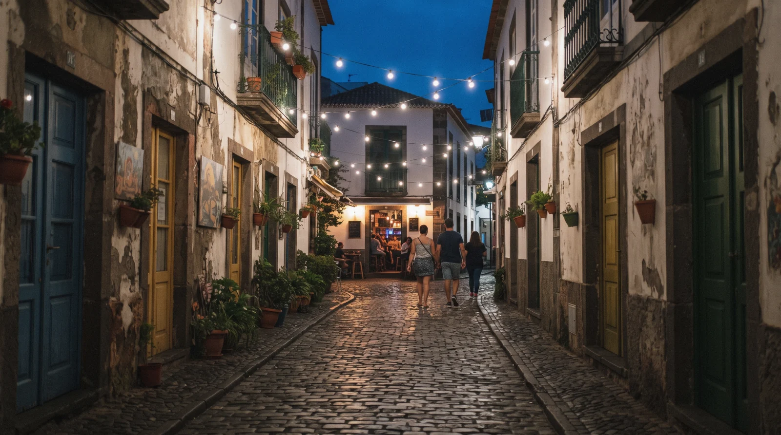 Funchal old town street with painted doors and bar lights after dark
