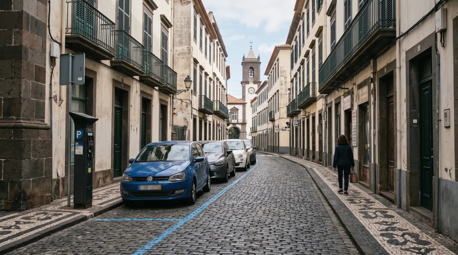 A Funchal street near Praca do Municipio with cars parked along a blue-lined curb, parking in Funchal