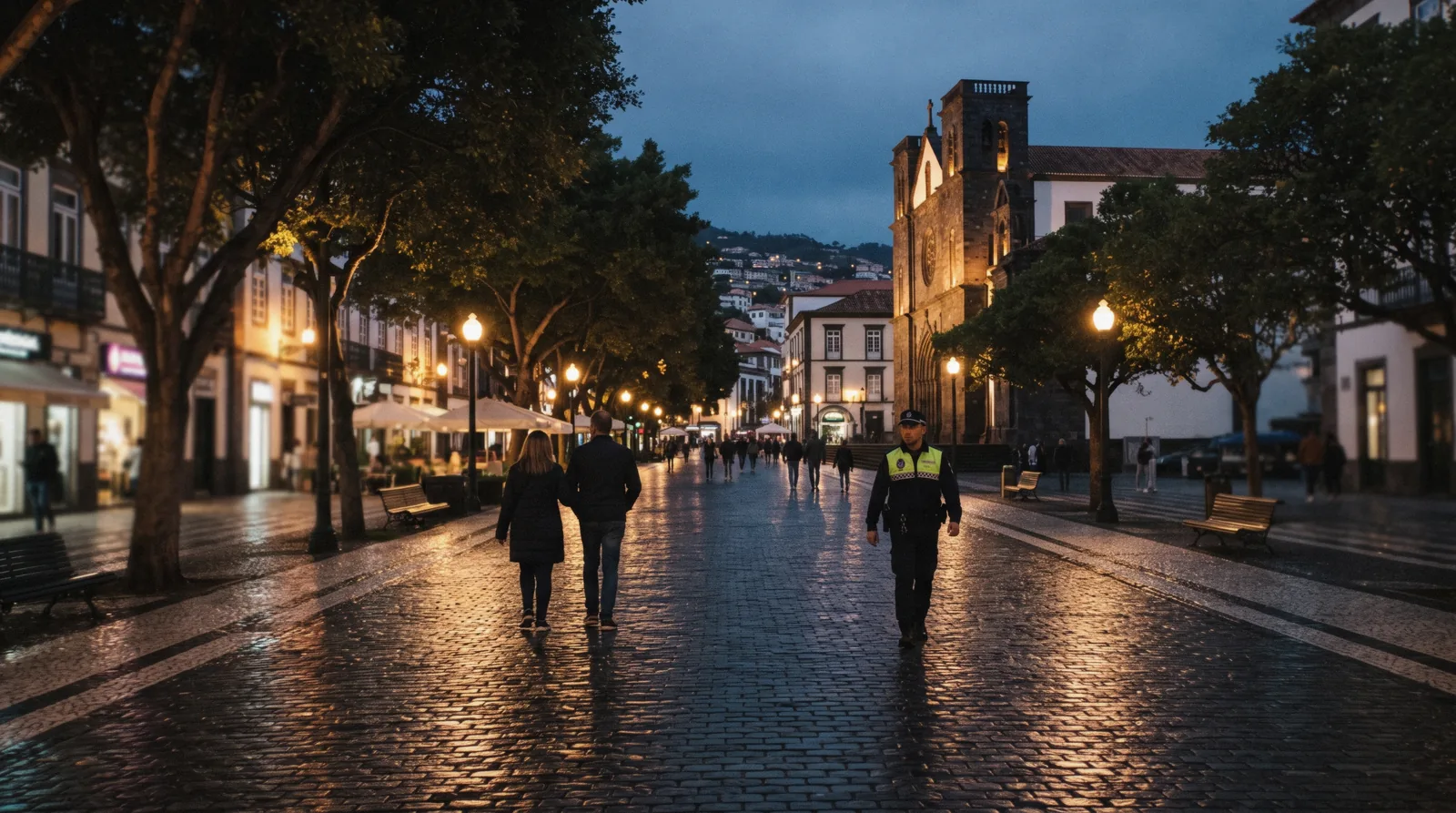 A police officer and pedestrians on Avenida Arriaga in Funchal at dusk with the cathedral lit behind them, the everyday scene behind the question is Funchal safe
