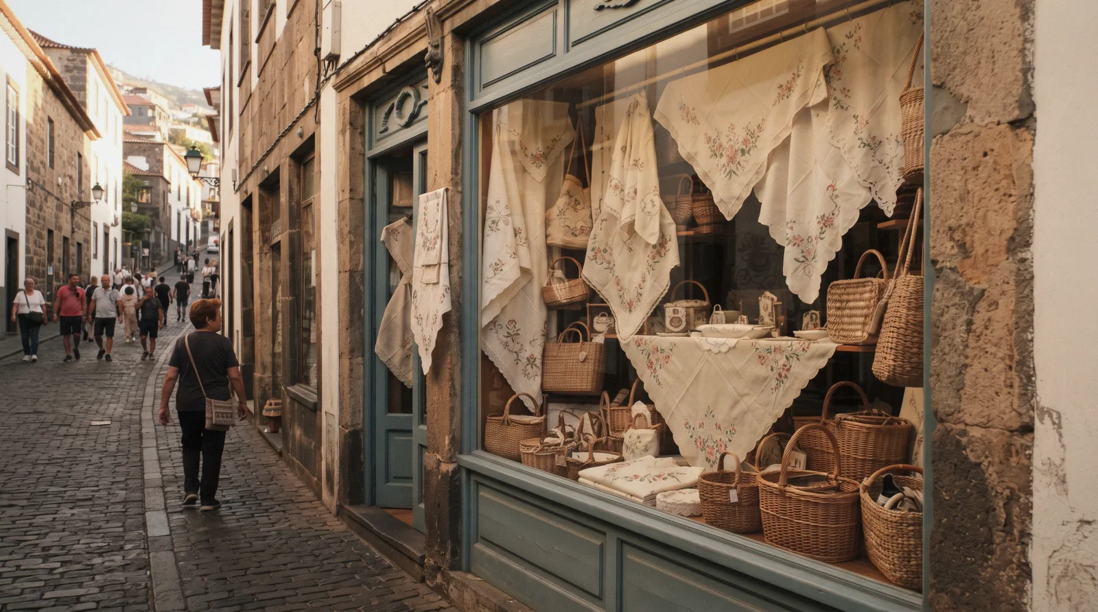 Embroidered linen and wicker baskets displayed in a shop window on Rua Doutor Fernao Ornelas in Funchal, the everyday scene of Funchal shopping