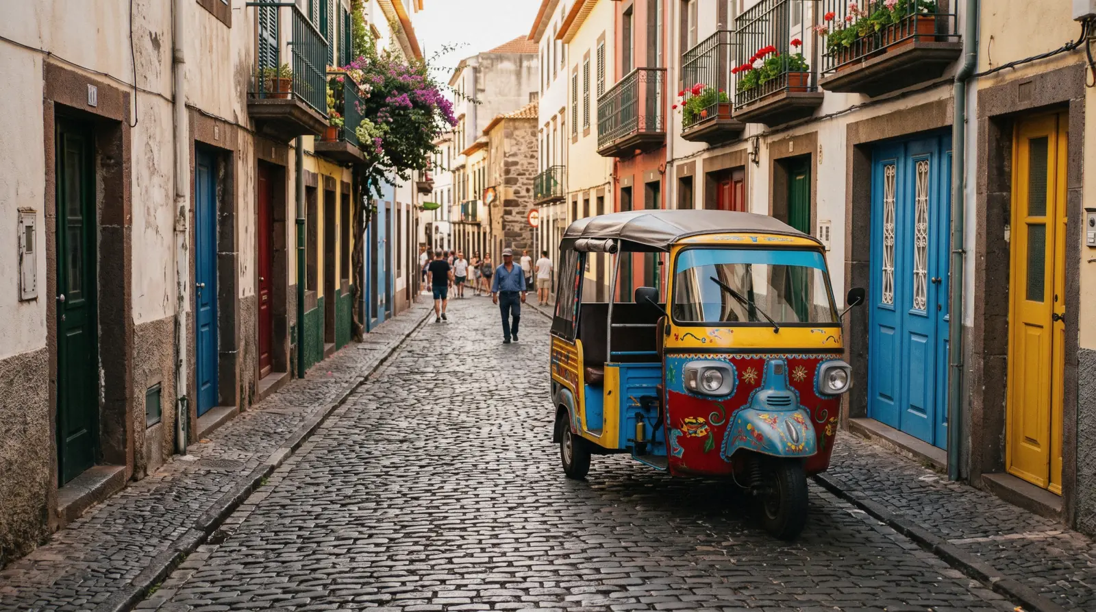 Funchal tours: a tuk-tuk and travelers above Funchal bay in Madeira, Portugal