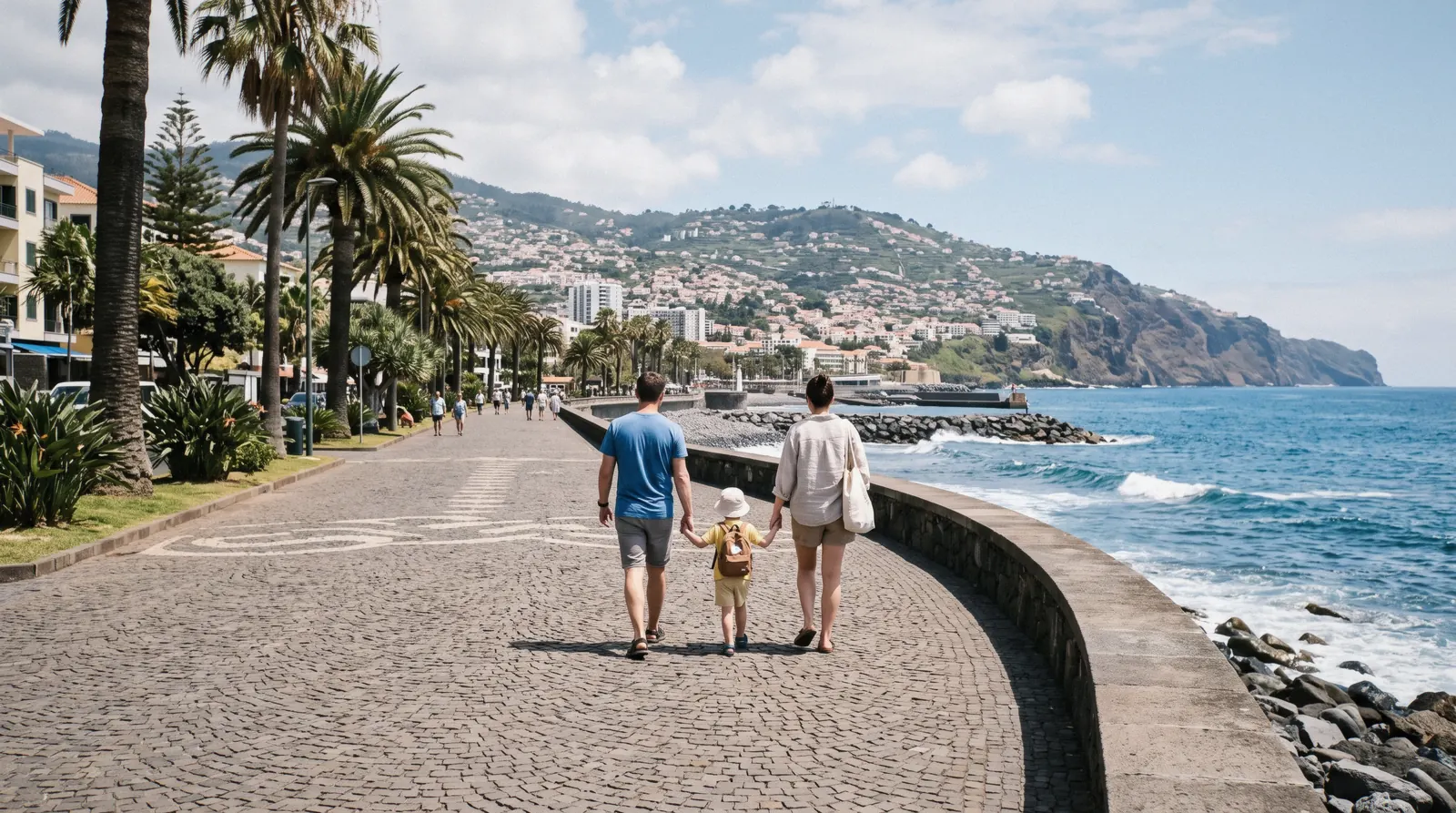 A family walking the cobbled seafront promenade in Funchal, the kind of easy stretch that works for Funchal with kids