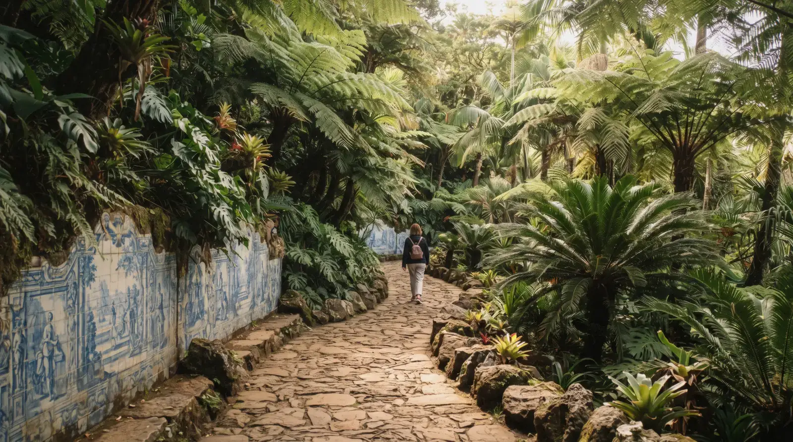 A tropical garden path lined with cycads and palms above Funchal, Madeira
