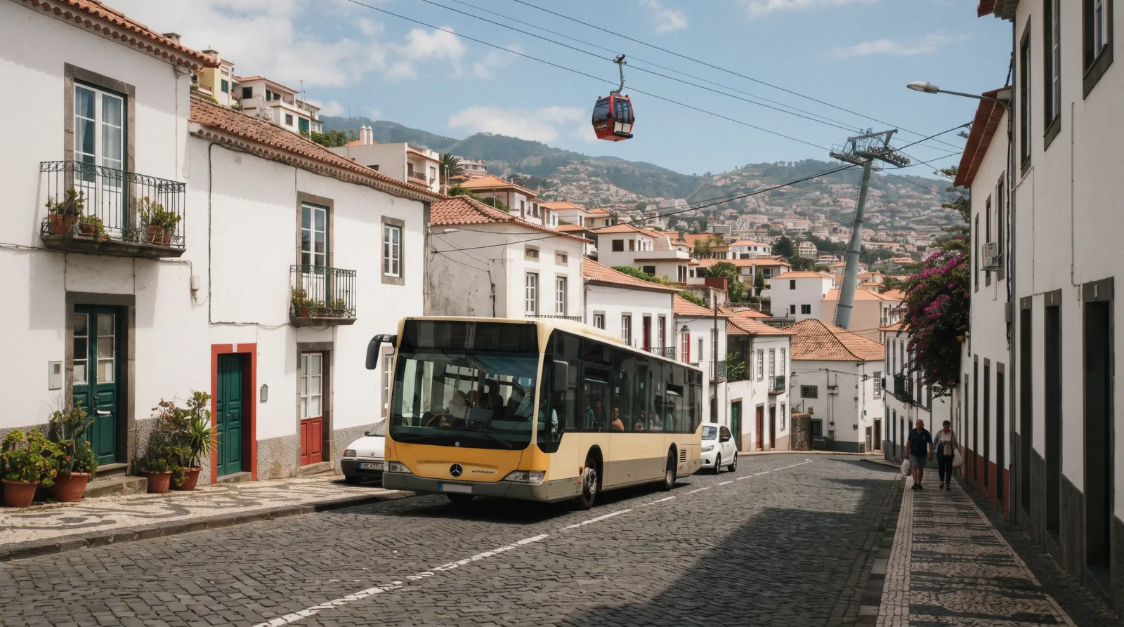 A city bus and the aerial cable car over the rooftops of Funchal, Madeira