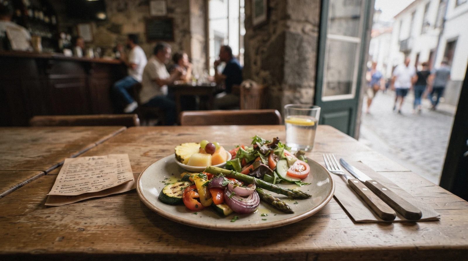 Fresh vegetables and gluten-free staples laid out on a market table in Funchal, Madeira