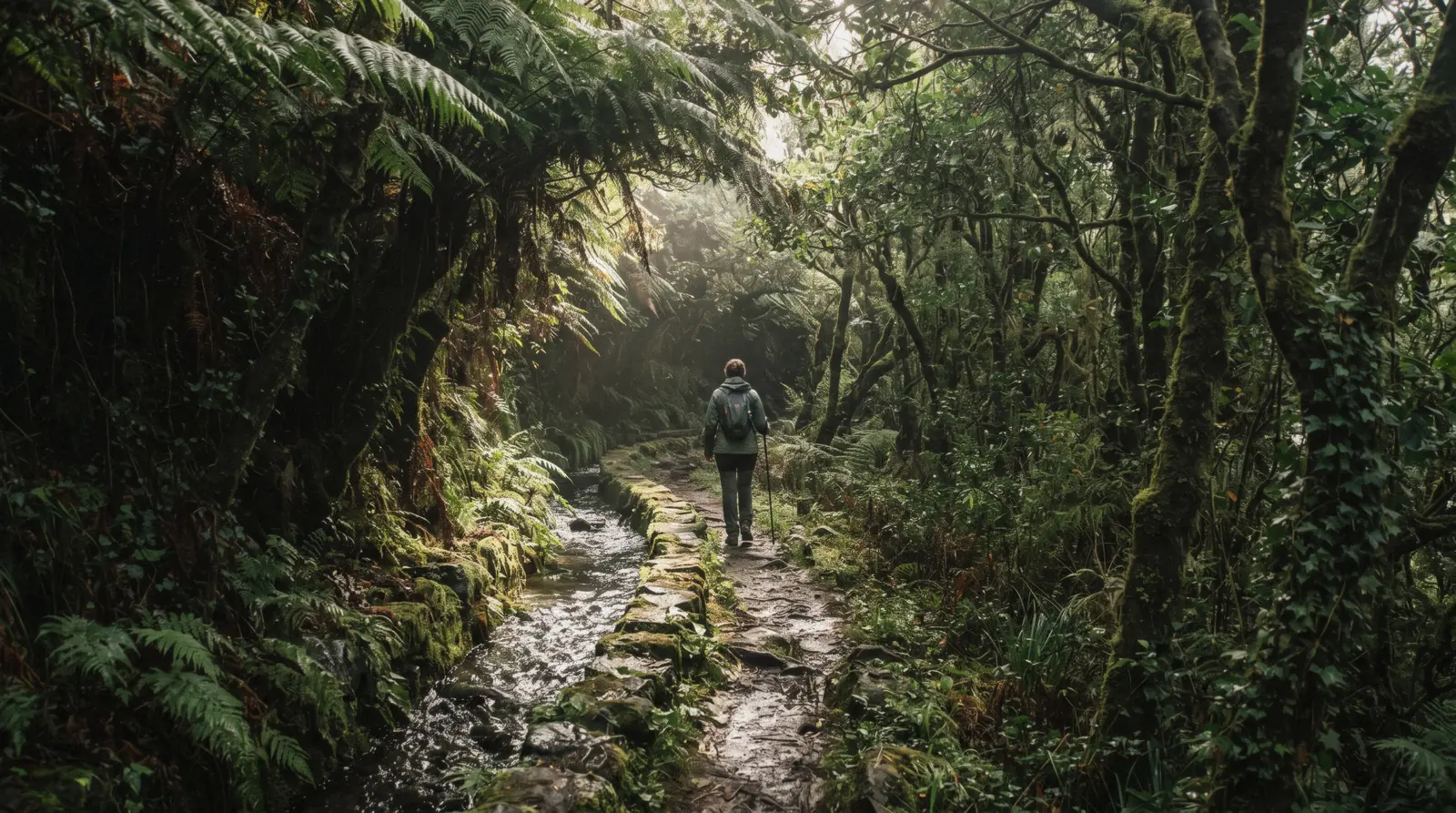 A narrow levada irrigation channel path through laurel forest near Rabaçal, reached on a levada walk from Funchal