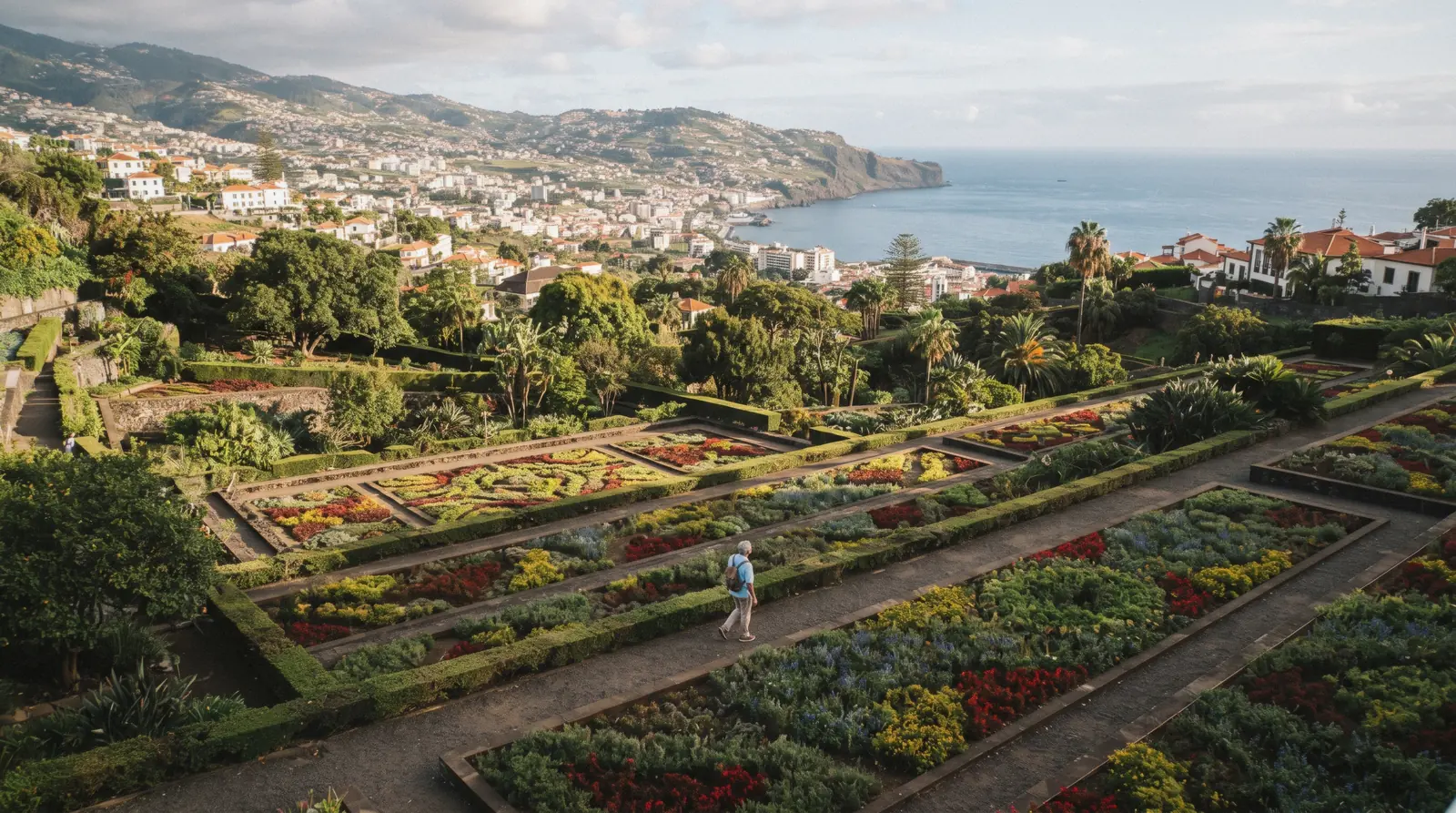 View over the planting terraces and Funchal bay at the Madeira Botanical Garden