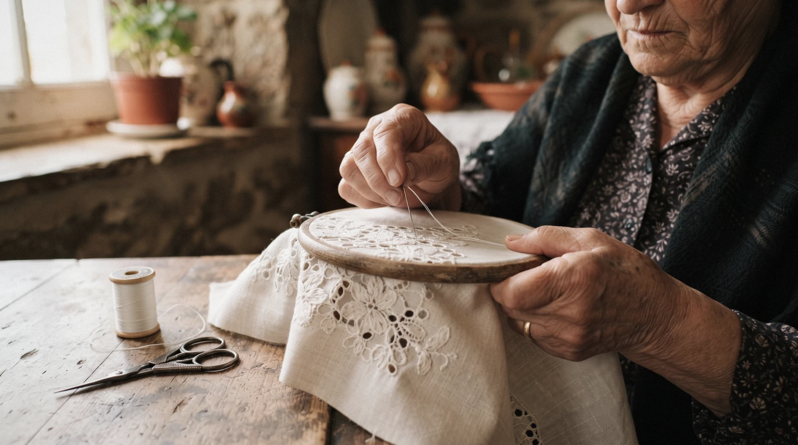 A woman's hands hand-stitching fine white Madeira embroidery on a linen cloth in a workshop in Funchal, Madeira, Portugal
