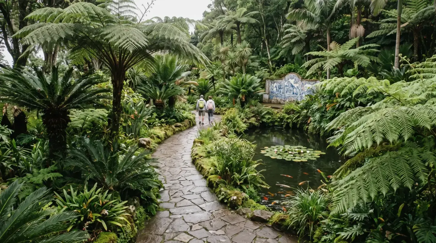 Waterfall and tile panels at Monte Palace Tropical Garden above Funchal, Madeira