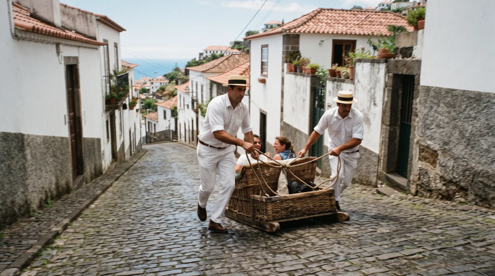 Two carreiros in white and straw hats steering a Monte toboggan wicker sledge down the paved hill above Funchal