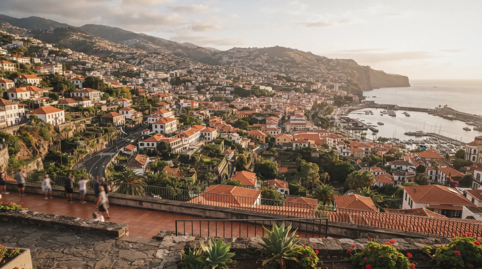 Layered rooftops of Funchal's neighbourhoods climbing the hillside toward Monte, Madeira