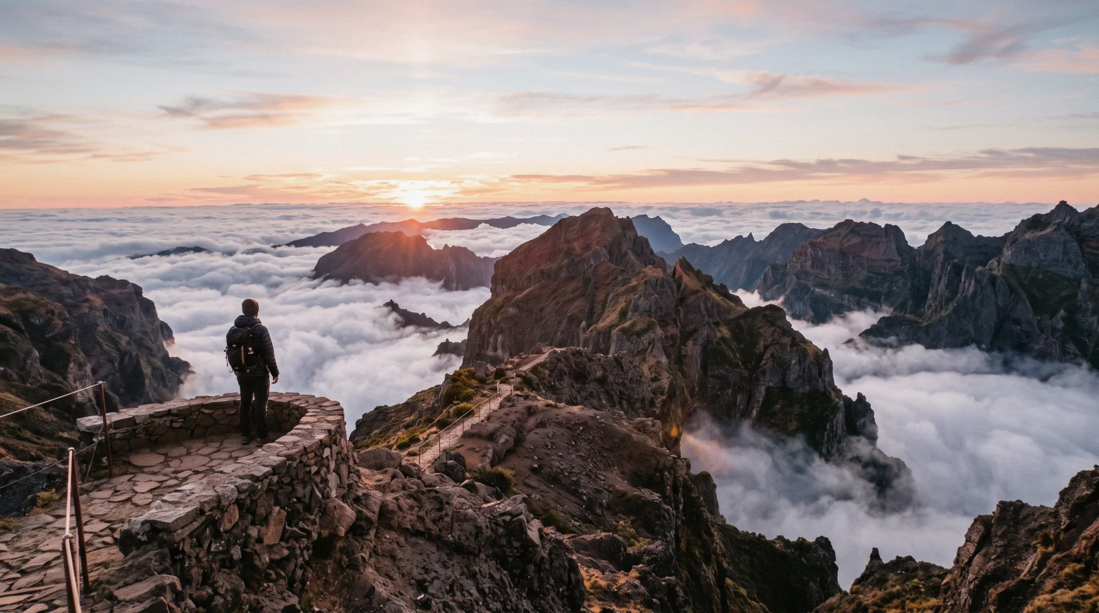 The rocky summit ridge of Pico do Arieiro rising above a sea of cloud near Funchal, Madeira