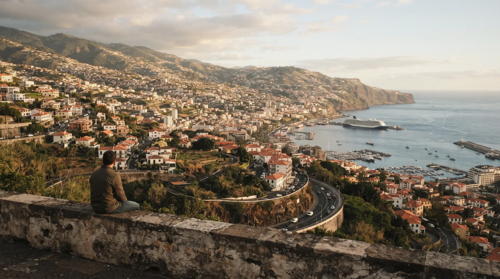 The view over Funchal Bay and the terraced hillside from Pico dos Barcelos viewpoint in Funchal, Madeira, Portugal