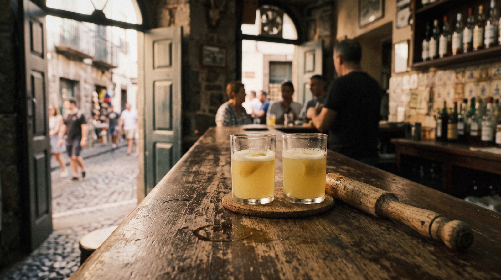 A glass of poncha with a wooden mexelhote stirring stick on a bar counter in Funchal