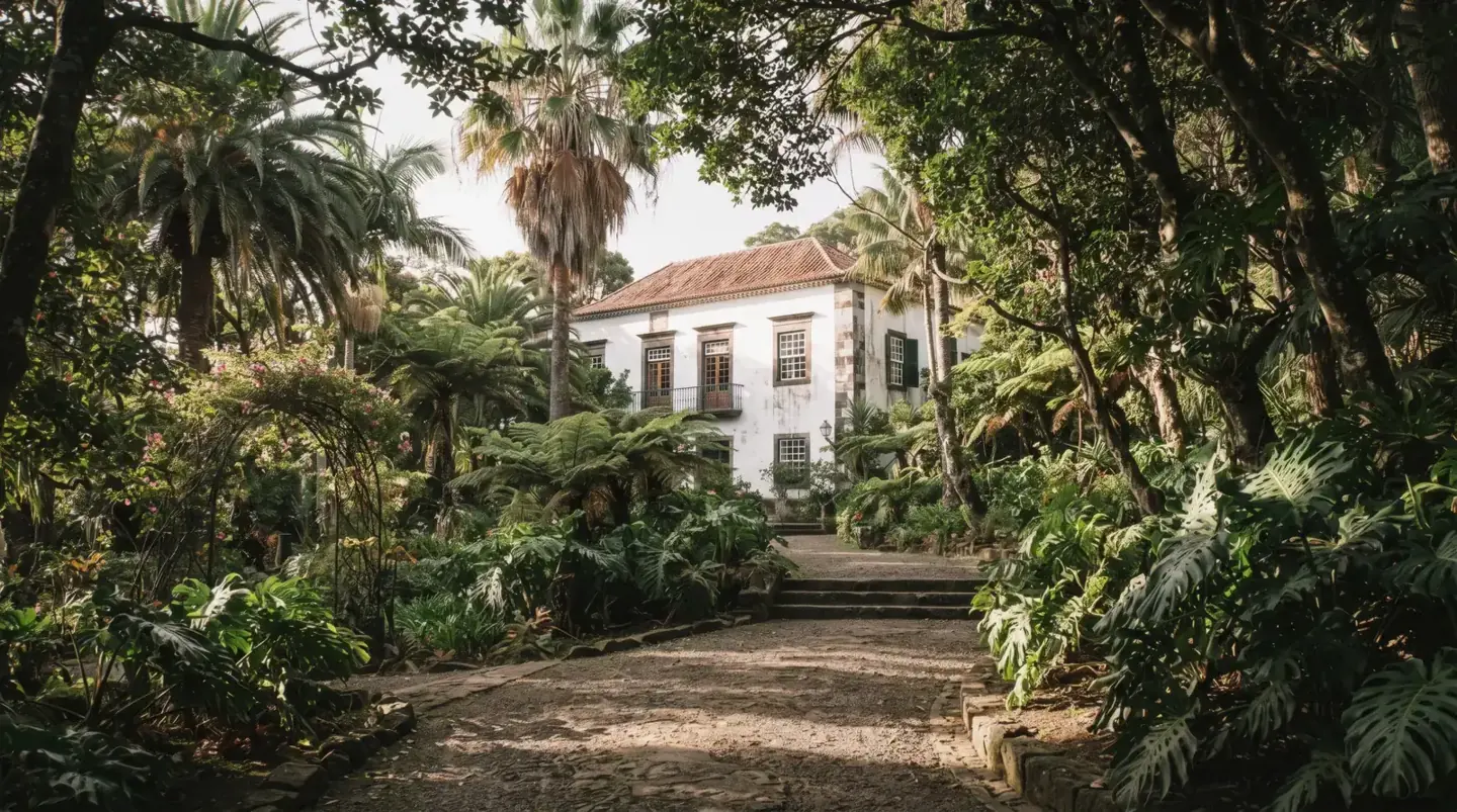 The white colonial-era manor house and subtropical garden of the Quinta das Cruzes Museum in Funchal, Madeira, Portugal