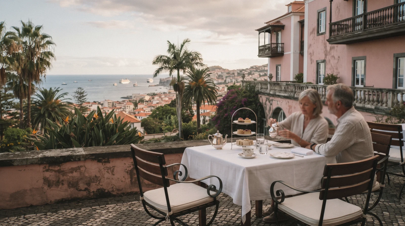 A set afternoon tea table on the terrace of Reid's Palace hotel overlooking the Atlantic in Funchal, Madeira, Portugal