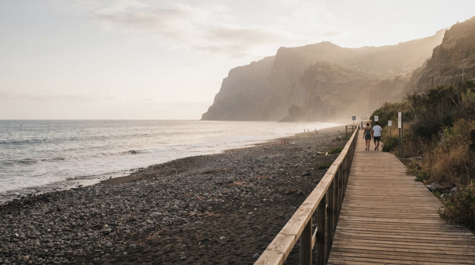 Praia Formosa pebble beach at the west end of Funchal, Portugal