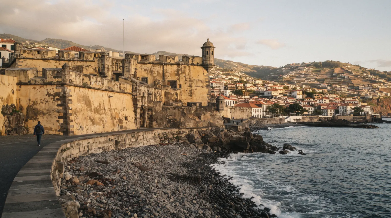 The yellow ochre walls and corner watchtower of the Sao Tiago fort above the pebble shore in Funchal, Madeira, Portugal