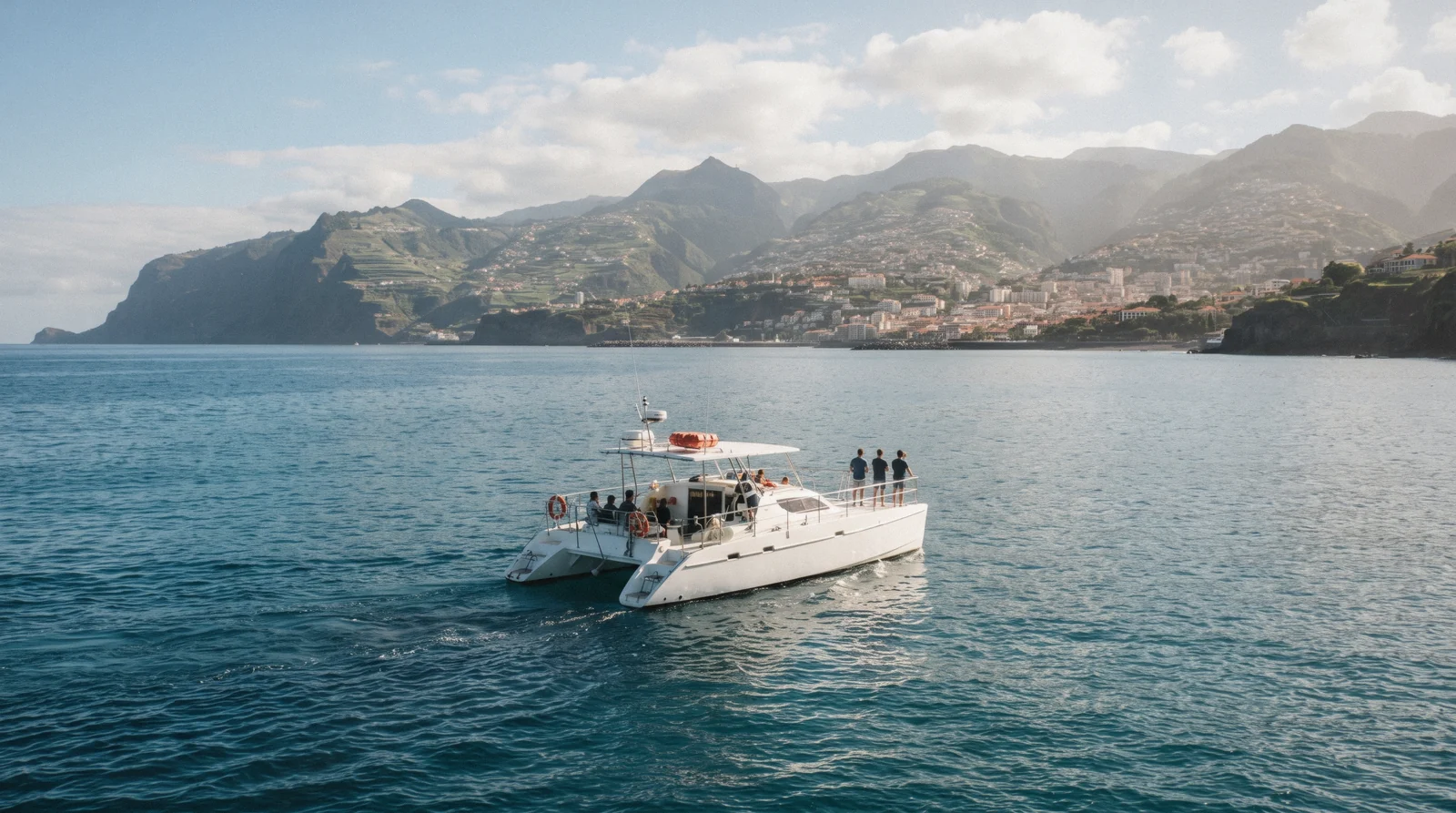 A whale watching catamaran off the coast near Funchal, Madeira, with passengers at the rail looking out to sea
