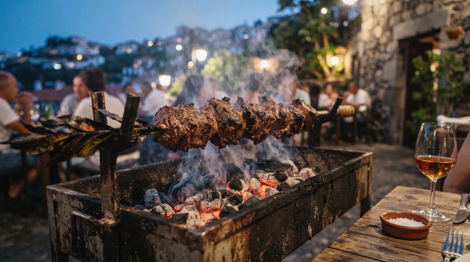 A table set for dinner on a terrace above Funchal old town, Madeira