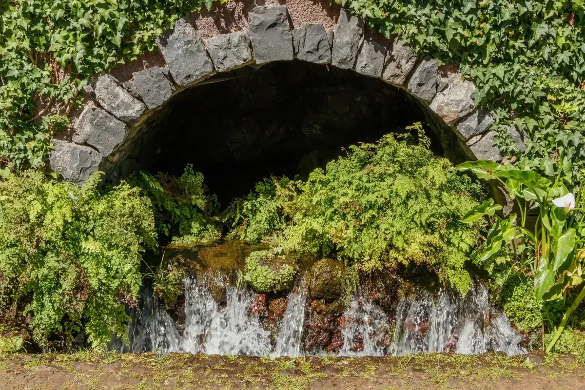 A stone grotto fountain with ferns and running water at Monte Palace Tropical Garden, Funchal, Madeira