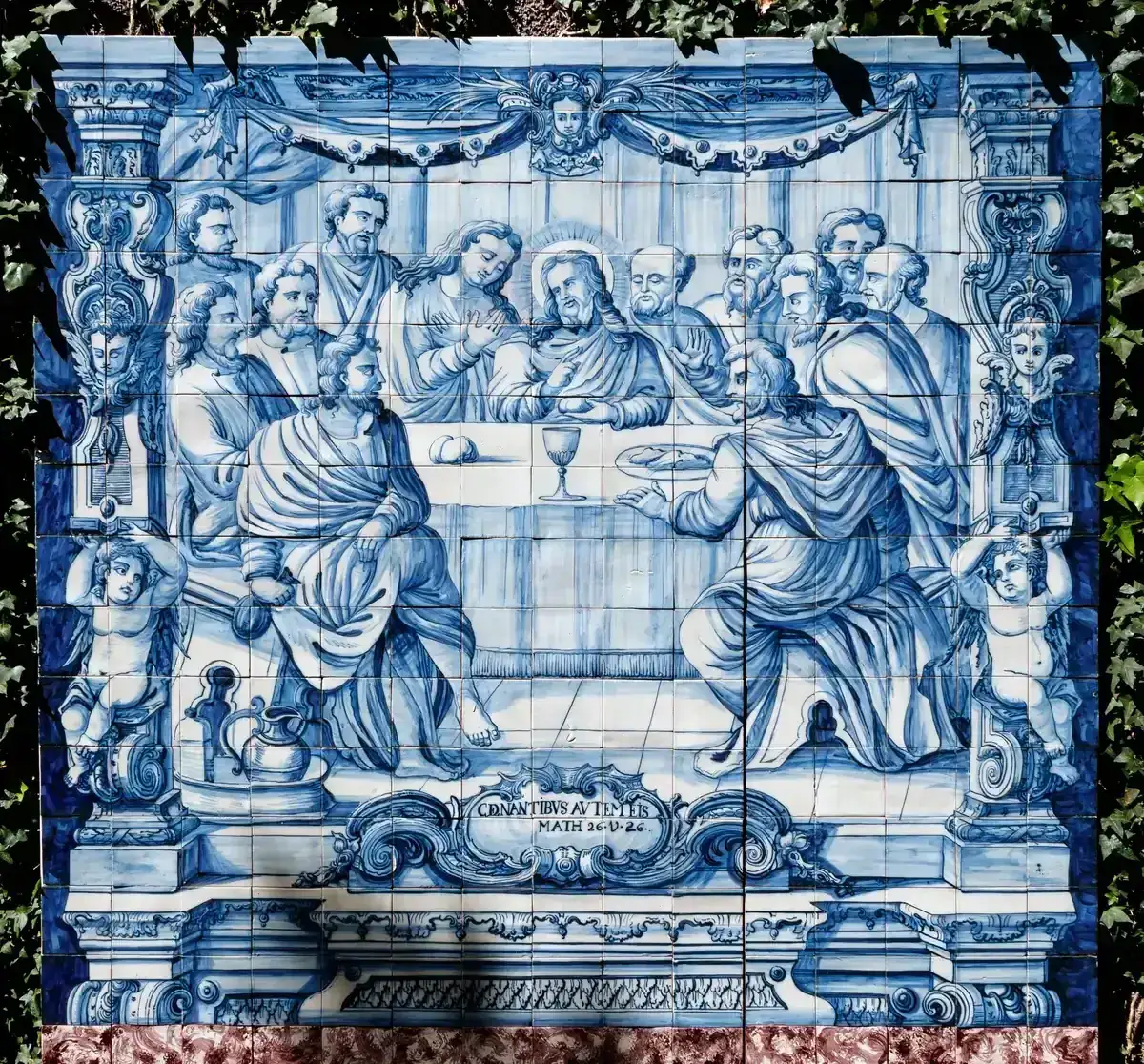 A large blue and white azulejo tile panel depicting a religious scene at Monte Palace Tropical Garden, Funchal, Madeira