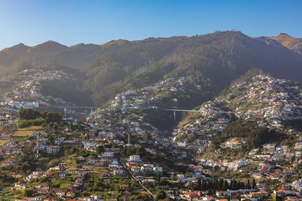 The panoramic view over Funchal's terraced hillside and bridges from Pico dos Barcelos viewpoint in Funchal, Madeira, Portugal