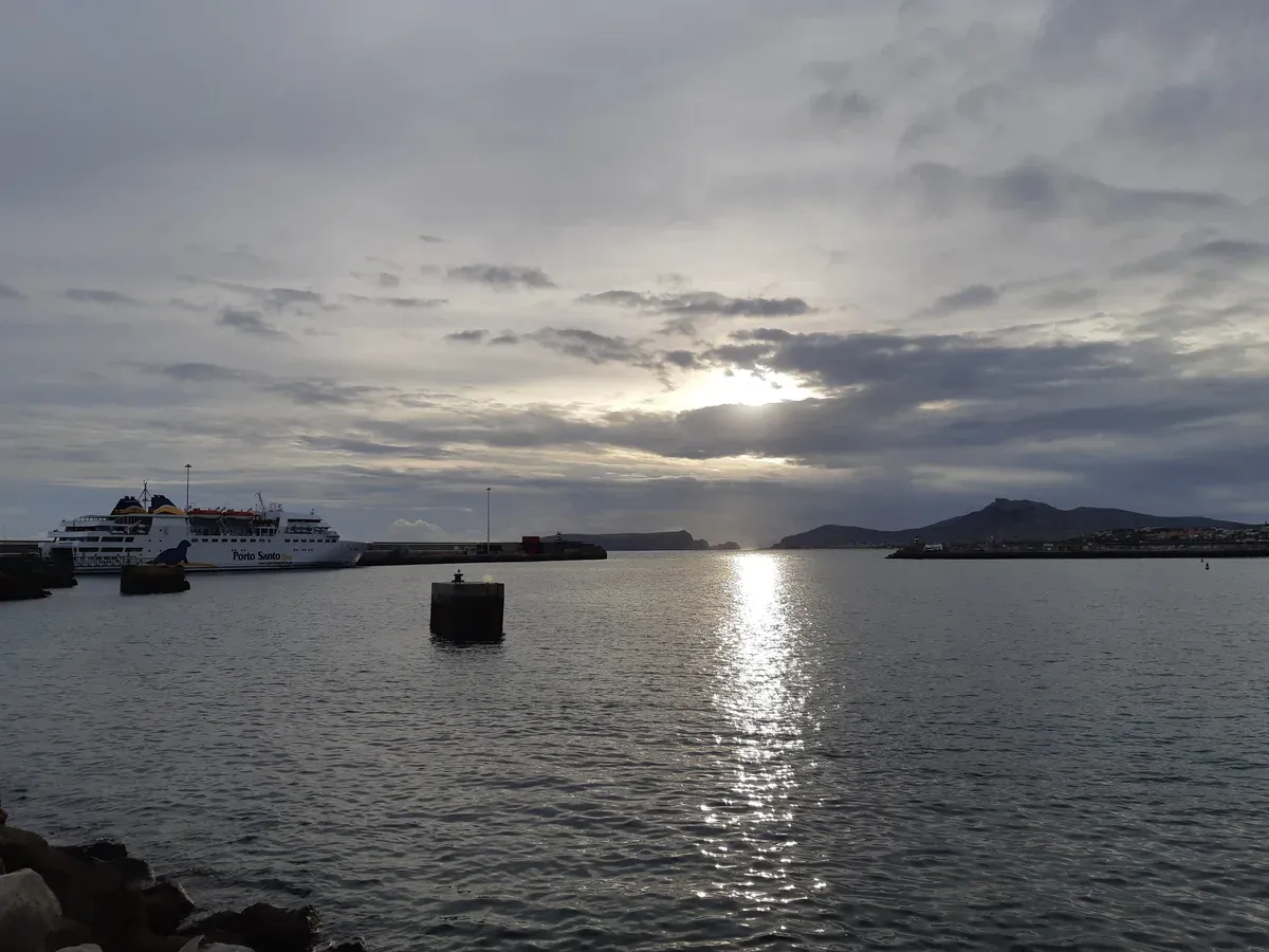 The Porto Santo Line ferry docked at harbour at sunset, the crossing covered by the fares on this page